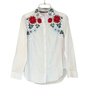 Maeve Anthropologie White Floral Embroidered Button Front Shirt Size 4